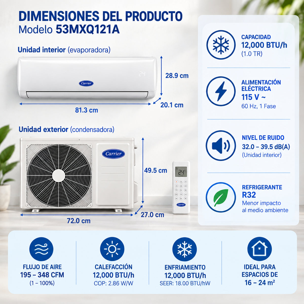 Minisplit Inverter Frío Calor 1 Ton Carrier 115V 12,000 BTU MAX