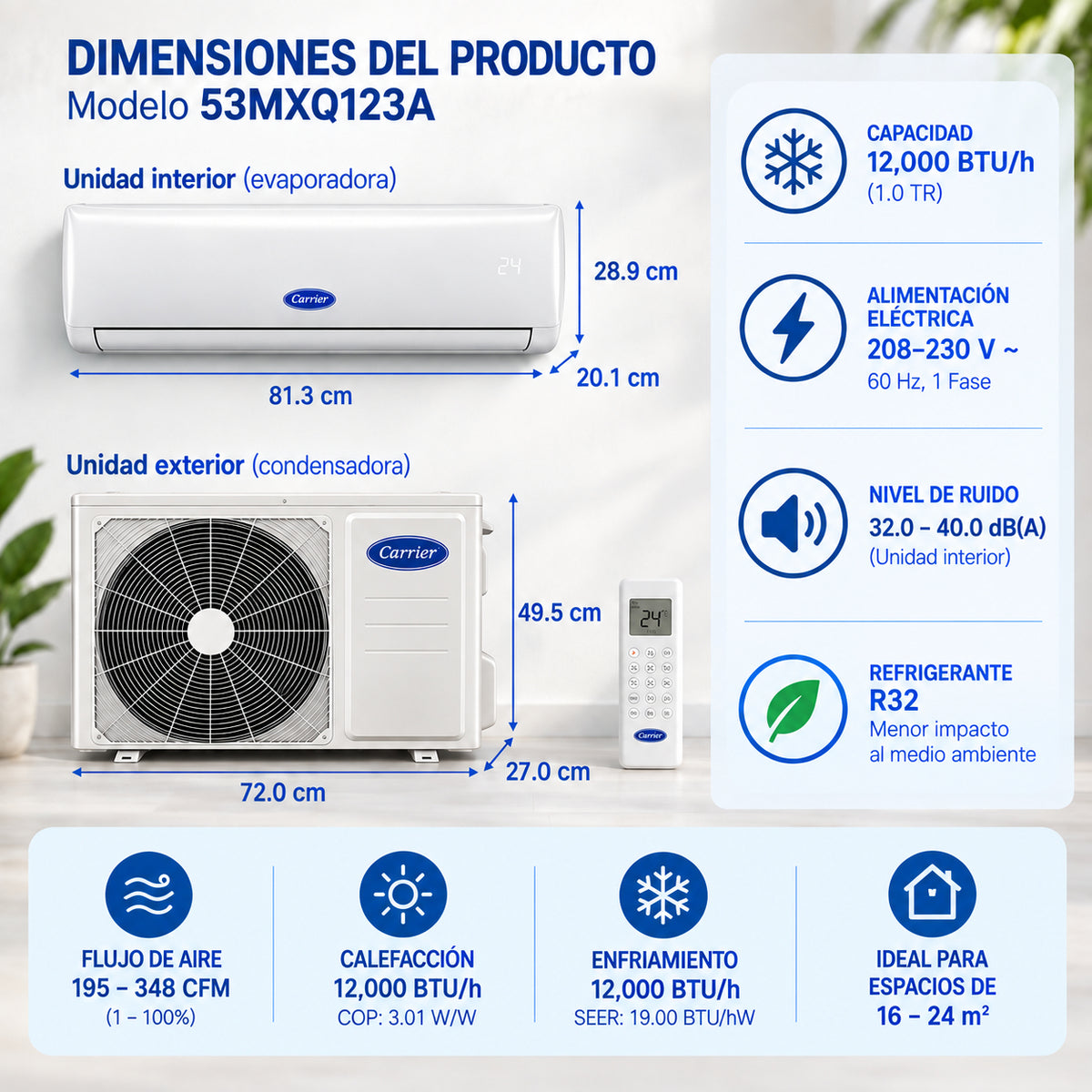 Minisplit Inverter Frío Calor 1 Ton Carrier 220V 12,000 BTU MAX INCLUYE INSTALACION