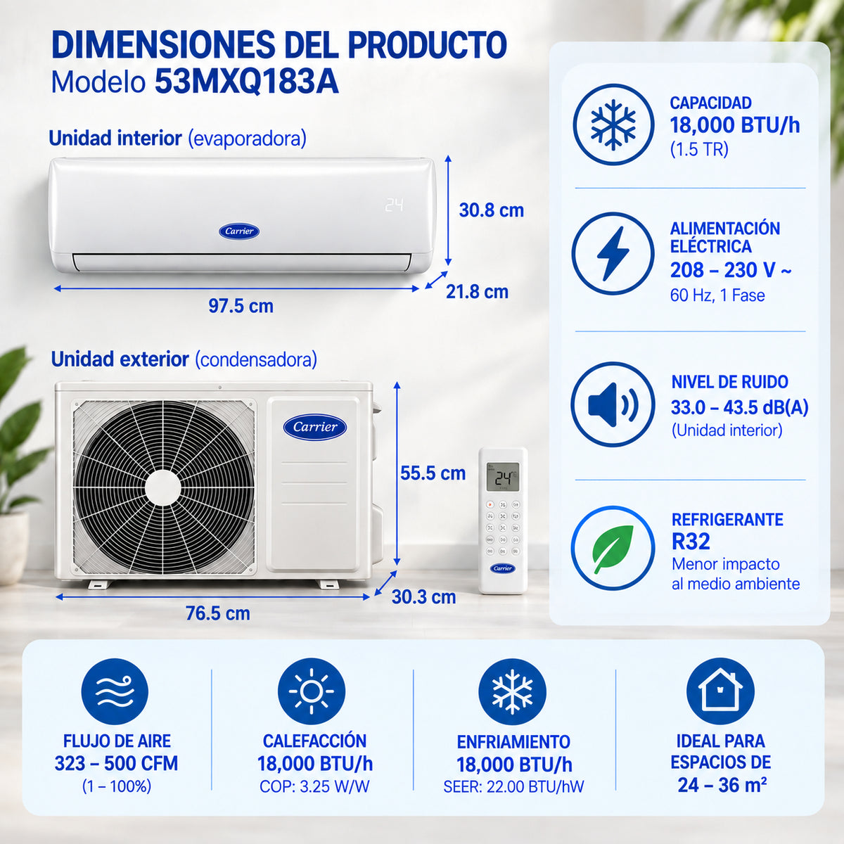 Minisplit Inverter Frío Calor 1.5 Ton Carrier 220V 18,000 BTU MAX