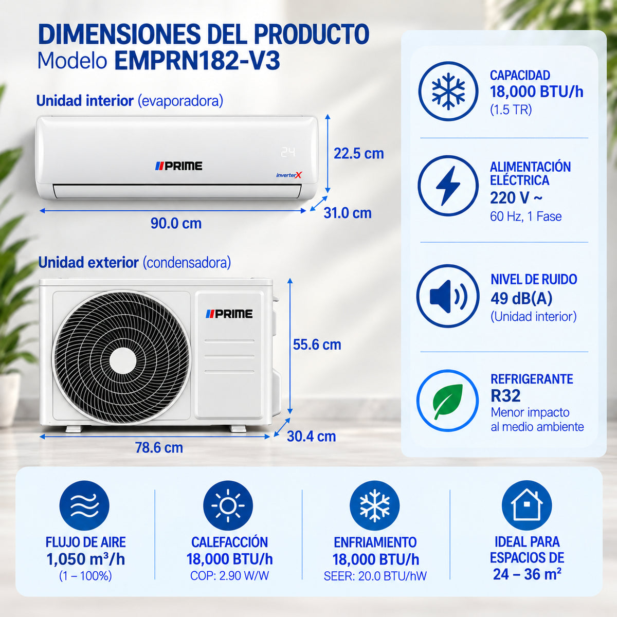 Minisplit Inverter Frío Calor 1.5 Ton PRIME 220V 18,000 BTU Vantage 3 INCLUYE INSTALACION